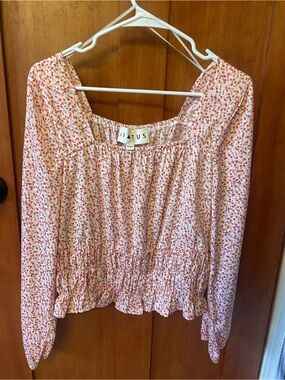 Tart Pink Floral Smocked-Waist Long-Sleeve Blouse